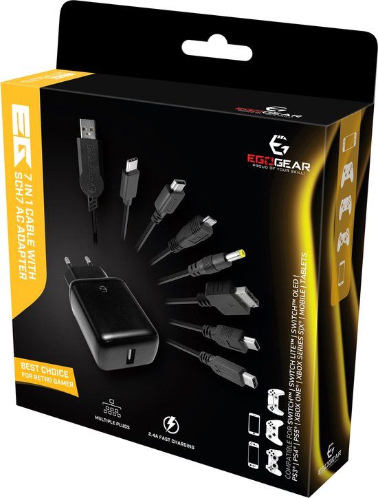 EgoGear SCH7-UNI-BK Oplader met 7-in-1 Kabel, Universeel, Zwart