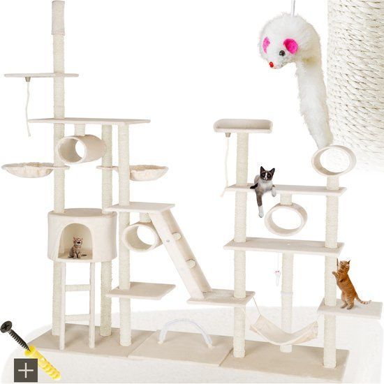 tectake® Grote kattenkrabpaal - Krabpaal met accessoires - Plafondhoog xxl krabpaal - Speeltoren met ligplaatsen, sisal palen, hangmat, kattentrap, tunnels - Wandmontage mogelijk - Afmeting (LxBxH) 218 x 70 x 229,5 cm - 261 cm - Beige