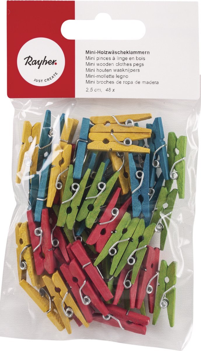 RAYHER Mini houten wasknijpers - 25x3mm - verschillende kleuren - 48 stuks