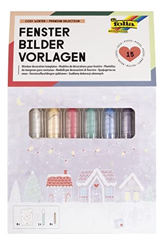 Folia 39249 - Premium raamafbeeldingenset "Cosy Winter" met 8 voorgedrukte designsjablonen over het thema winter, Kerstmis en herfst, incl. 7 krijtstiften