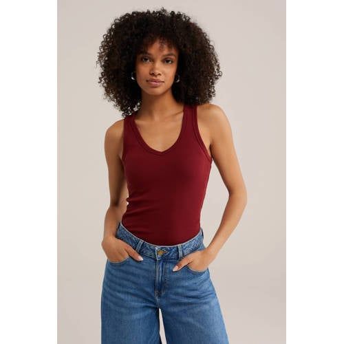 WE Fashion ribgebreide tanktop - donkerrood