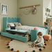Lit pour enfant avec rembourrage doux, lit simple, table d'appoint pliable, espace de rangement dans un tiroir, design de château, protection anti-chute douce, velours, bleu-vert, 90x200 cm