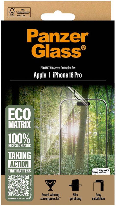 PanzerGlass Matrix Recycled Ultra-Wide Fit Anti-Bacterial Screenprotector incl. applicator geschikt voor Apple iPhone 16 Pro