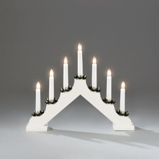 Konstsmide Houten Kerstkandelaar voor binnen - 7 kaarsen - Wit met groen - 30 x 38 cm