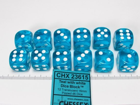 Chessex dobbelstenen set 12 6-zijdig 16 mm transparant turquoise