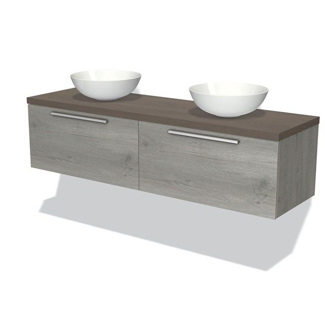 Maxaro Badkamermeubel voor Waskom 160cm Modulo Plato Grijs Eiken 2 Lades Vlak Donkerbruin Eiken Blad