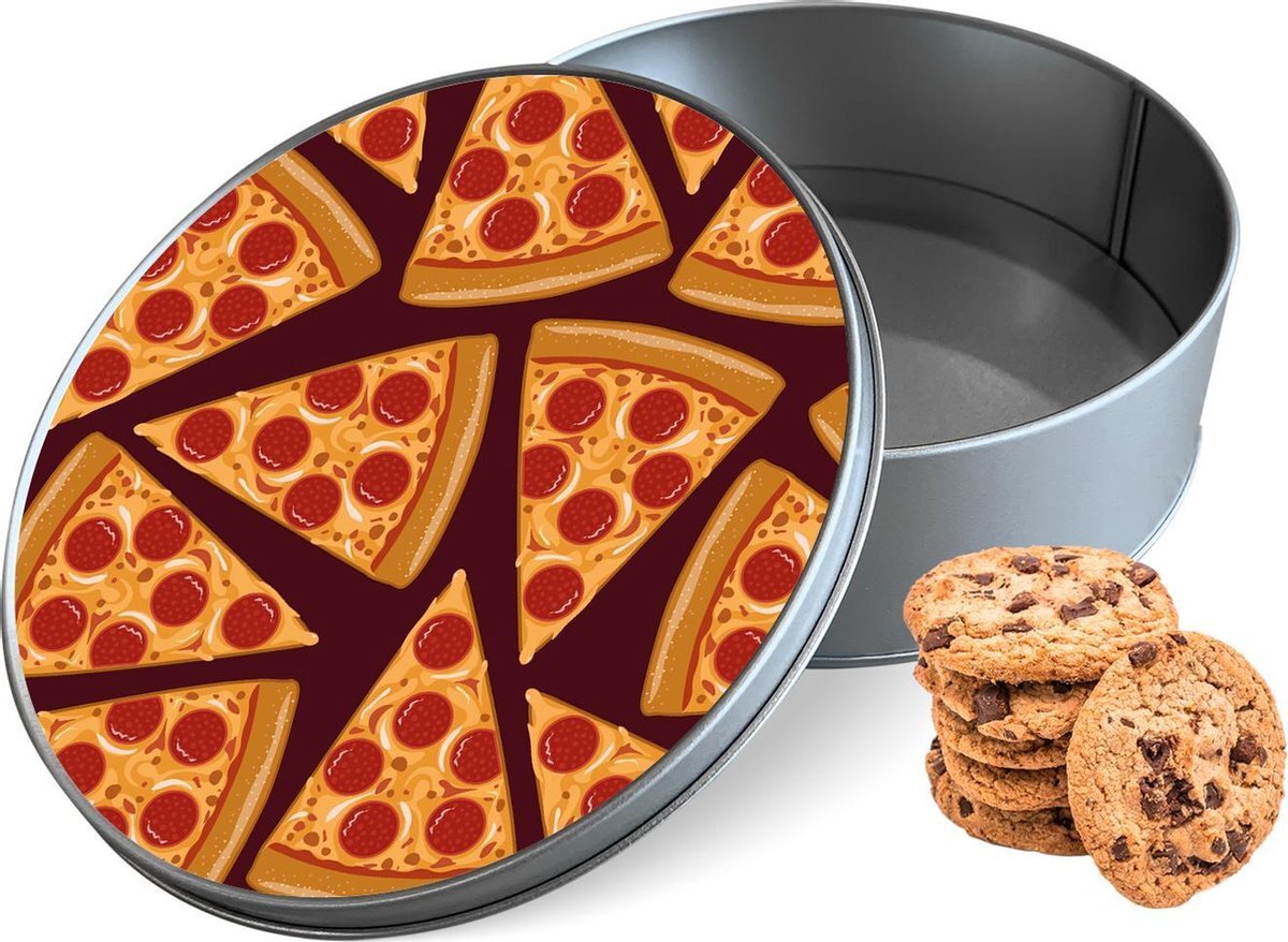 qMust Koektrommel Pizza Party Rond - Bewaarblik 15x15x5 cm