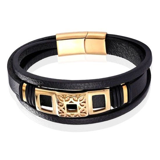 Mendes Jewelry Luxe Heren Armband Zwart Leer Goud 21cm