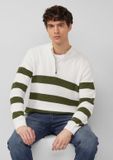 s.Oliver - Gestreepte katoenen trui met troyerkraag - Heren - 3XL - Olijfgroen
