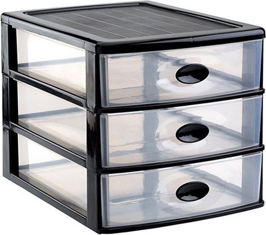 Forte Plastics Ladeblok/bureau organizer met 3x lades zwart/transparant - L35,5 x B27 x H27 - Opruimen/opbergen laatjes