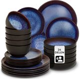 tectake® Serviesset Mare - 24-delig - Aardewerk met Glanzend Glazuur - 6 Persoons - Blauw/Bruin