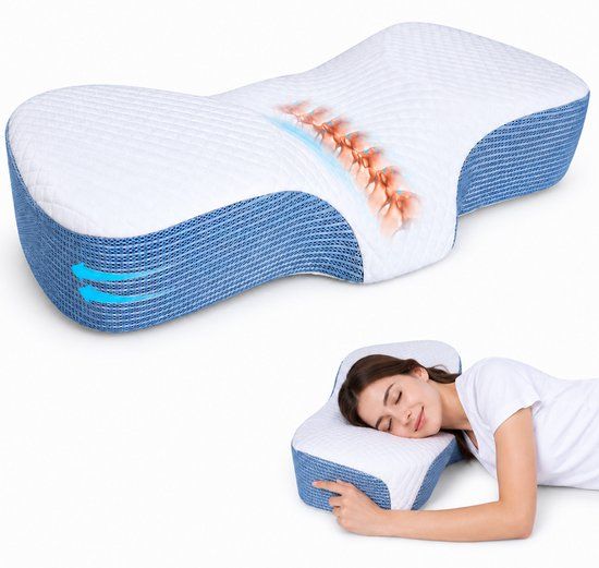 Quincs Ergonomisch Hoofdkussen - Vlinderkussen - Memory Foam - Turquoise/Wit