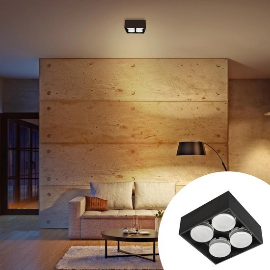 LED&#39;s Light Cube LED Plafondlamp - 4 lichtpunten - Draaibaar licht - Staal - 20 x 20 cm - Zwart