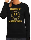 Bellatio Decorations Foute Kersttrui Dames - Happy Christmas - Zwart - Glitter Goud - Smile / Emoticon - Maat XL