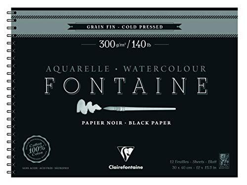 Clairefontaine - Ref 975312C - Fontaine koudgeperst zwart aquarel draadgebonden pad (12 vellen) - 30 x 40 cm formaat, 300 g/m² papier - Geschikt voor aquarel kunstwerken