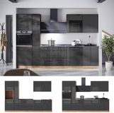 Vicco Complete keukeneenheid Fame-Line, Antraciet Hoogglans/Goudkleurig Eiken, 310 cm