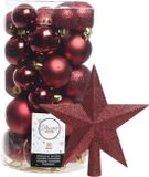 Decoris Kerstballen 30x stuks - Donkerrood 4/5/6 cm Kunststof Mat/Glans/Glitter Mix en Kunststof Piek 19 cm