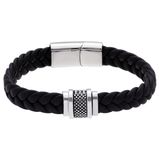 Lucardi - Heren Stainless steel herenarmband gevlochten leer zwart - Armband - Staal - Zilverkleurig - 21 cm