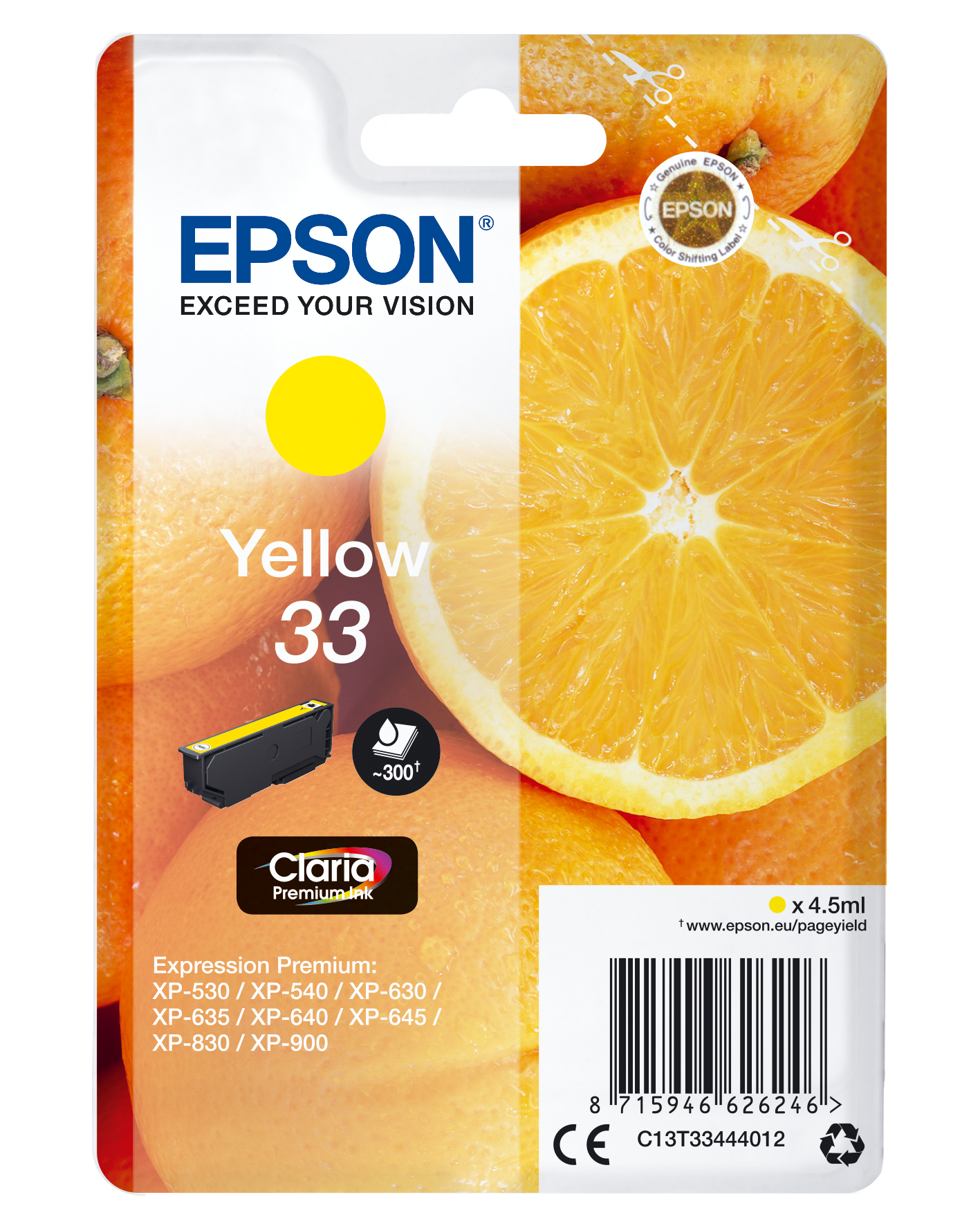 Epson Oranges Singlepack Yellow 33 Claria Premium Ink single pack / geel