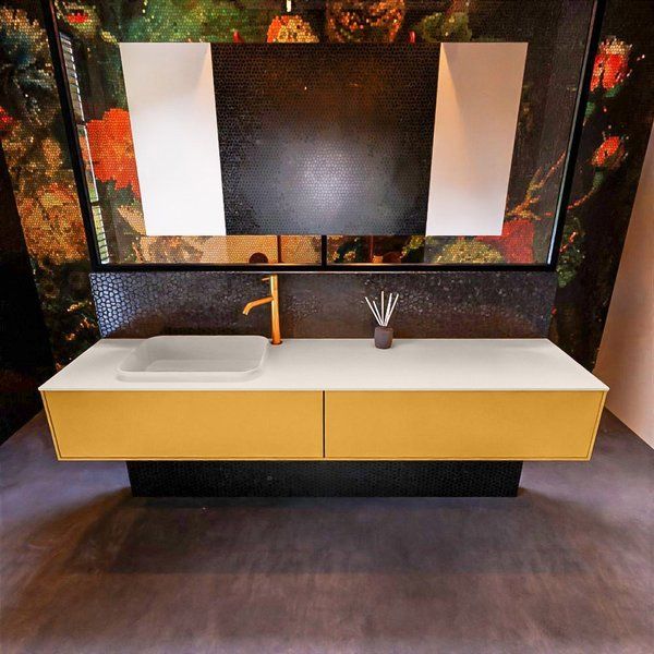 Mondiaz ERIN 200cm badmeubelset onderkast Ocher met 2 lades Wastafel RIDGE links Linen