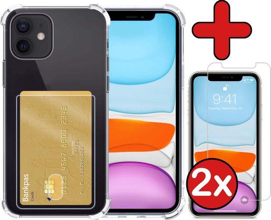 iPhone 11 Case with Card Holder, Silicone, 2x Screen Protector - Transparent