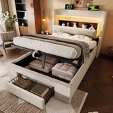 STILVORA Gestoffeerd Bed 90x200 cm – Bed Met Led, Usb En Usb C – Hydraulische Opbergruimte Met Lade – Zonder Matras – Linnen – Beige