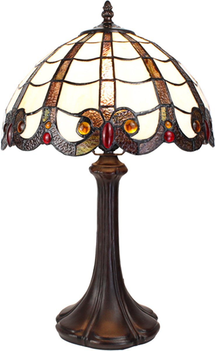 Lumilamp Tiffany Tafellamp 43 cm Wit Bruin Kunststof Glas Rond Tiffany Bureaulamp Tiffany Lampen Glas in Lood