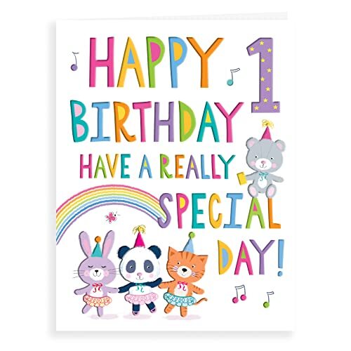 Regal Cards Regal Cards Meisje Leeftijd 1 Verjaardagskaart - Bear Panda Rabbit Tiger Rainbow