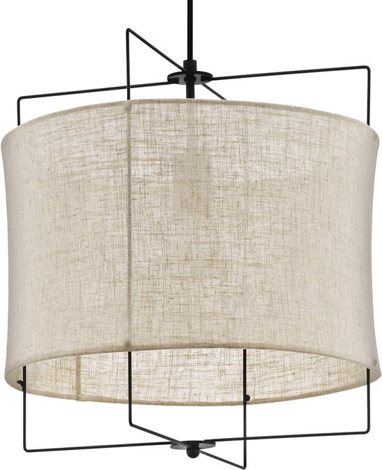 Hanglamp 1-lichts vintage hanglamp natuur boho hygge - zwart staal en hout in natuurlijke kleuren - eettafel en woonkamer - E27-fitting - diameter 40 cm