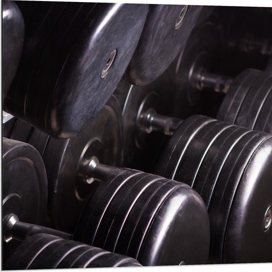 Merkloos / Sans marque Foto op Aluminium: Rek Vol Dumbells in Sportschool - 80x80 cm - Zwart - Vierkant