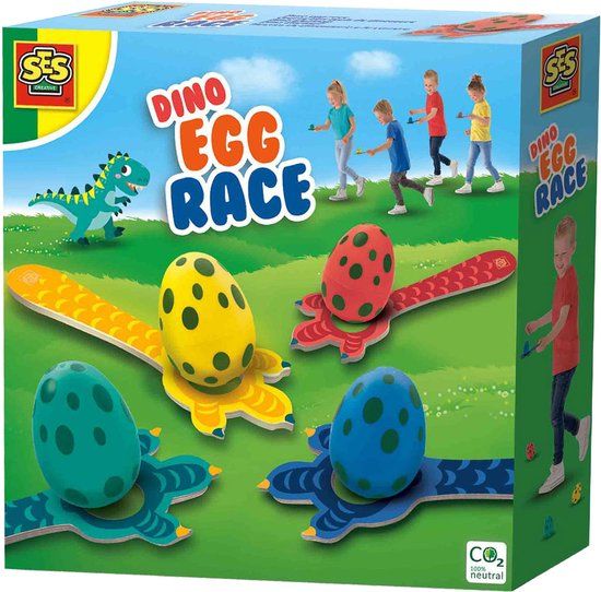 SES Creative Dino eierloop - set met 4 eieren, 4 dino lepels en 4 dino fiches - buiten spelen - met handige bewaartas - Dinosaurus Speelgoed