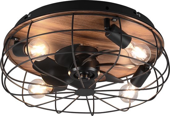 BES LED LED Plafondlamp met Ventilator - Plafondventilator - Trion Turbind - E27 Fitting - Afstandsbediening - Rond - Mat Zwart/Bruin - Aluminium