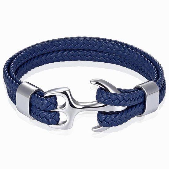 TJ Tom Jaxon Tom Jaxon Heren armband Anker gevlochten Leer Zilverkleurig Blauw - 20cm