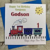 white cotton cards Prachtige handgemaakte verjaardagskaart, motief "Godson 1 Choo Trekk", wit