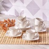 Karaca Nazende - Espresso & Turkse Koffiekopjes met Schotels – 12-delig – 6 Personen – 80 ml – Porselein – Wit met Platina Details
