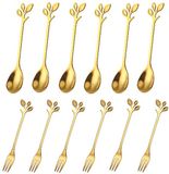 Unyqoos® 12-delige dessertbestekset, set dorée en acier inoxydable avec un design en forme de feuille – comprenant des mini-cuillères et des petites fourchettes à gâteau