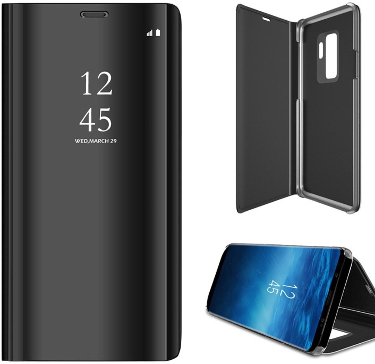 iCall Samsung Galaxy S9 - Lederen Spiegel Wallet Hoesje Zwart met Siliconen Houder - Portemonee Hoesje