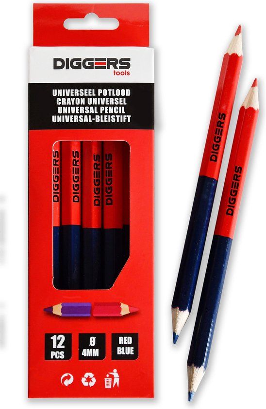 DIGGERS Potlood met twee kleuren - Rood - Blauw - 12 stuks