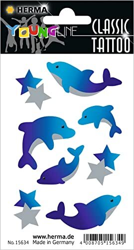 HERMA 15634 Tijdelijke tatoeagestickers voor kinderen, dolfijnen (8 stickers, transferfolie) zelfklevend, afwasbare kindertatoeages om op te plakken, voor meisjes en jongens, kleurrijk