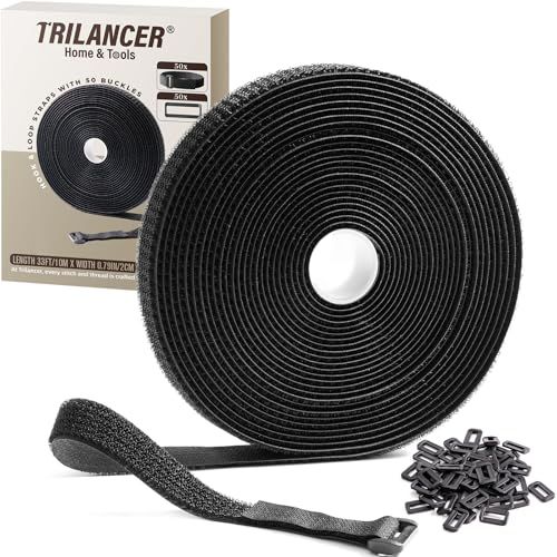 Trilancer Herbruikbare Klittenbanden 10m x 2cm, Verstelbare Kabelbinders met 50 Lussen, Op Maat Te Knippen Band voor Kabelbeheer En Opslag, Zwart