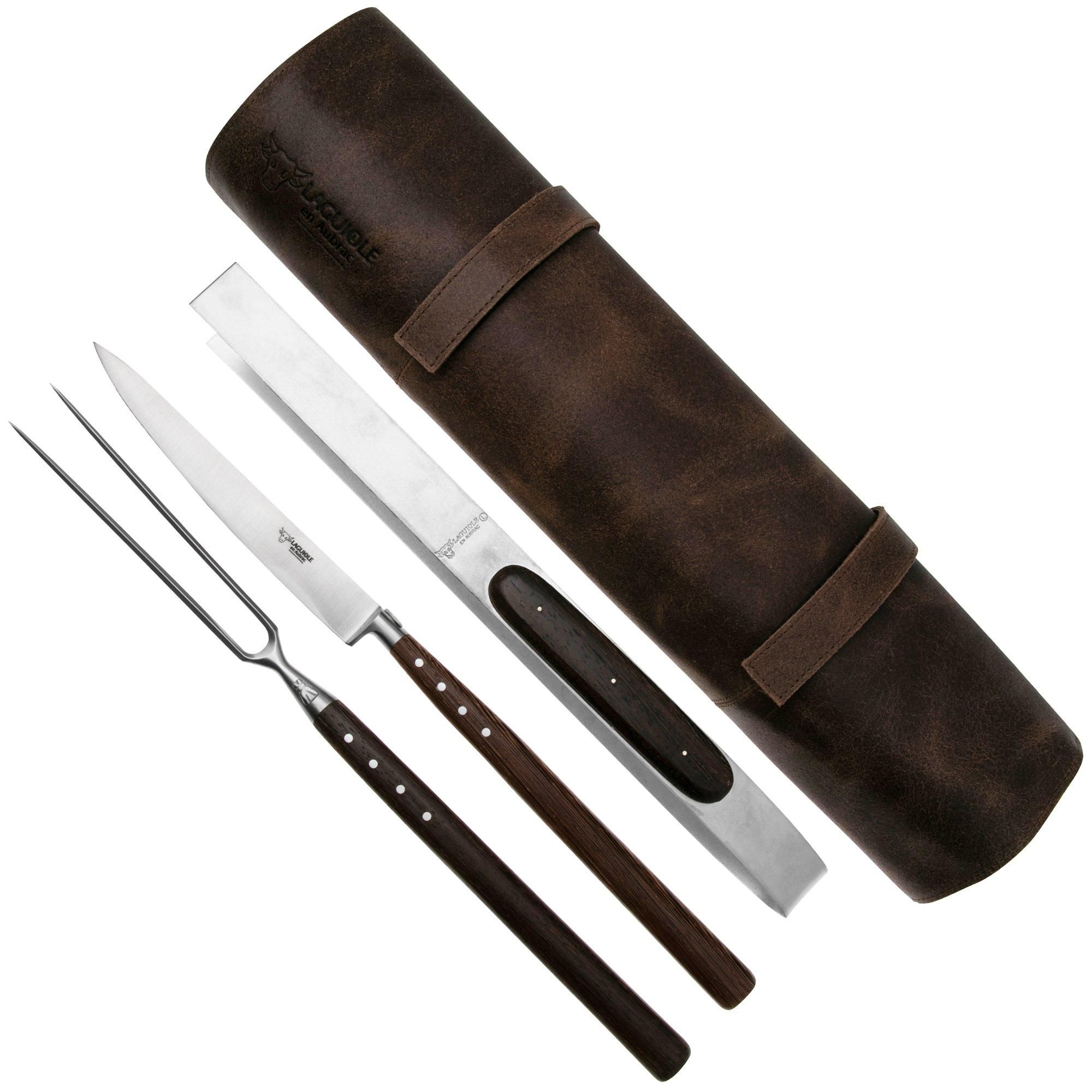 Laguiole en Aubrac Barbecue Set - Wenge - 3 stuks met leren rol
