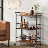 Songmics Serveerwagen - Met Wijnrek en Glashouder - Industrieel Design - Rustiek bruin-matzwart - 64,5 x 32 x 85,5 cm