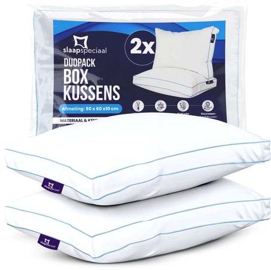 Slaapspeciaal Hoofdkussen - Boxkussen Set van 2 - Hoofdkussen Nekklachten | 50x60x10 cm - Hotelkwaliteit Hoofdkussens - Geschikt voor rug-, zij- en buikslapers - Katoenen Tijk - Navulbaar