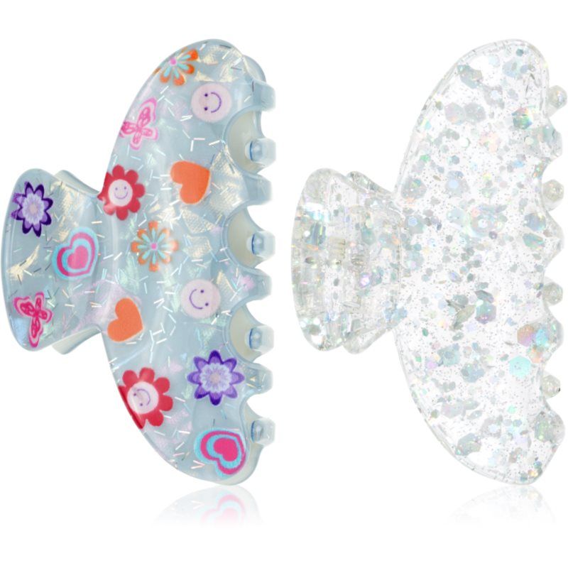 invisibobble CLIPSTAR Cosmic Glow Lot de 2 pinces à cheveux, taille M, en argent scintillant avec paillettes, smileys et cœurs, accessoire de cheveux ludique pour des styles confiants