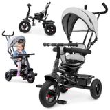 Tobi FREY - Tricycle pour enfants avec barre de poussée - Siège pivotant - Roues anti-crevaison - Adapté aux enfants de 3 à 6 ans - Capote - Repose-pieds et panier - Gris