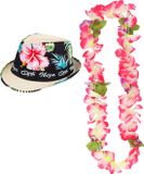 Chapeau trilby en paille - Guirlande de fleurs rose/blanc - Tropical toppers - pour adultes