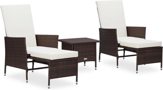 vidaXL 3-delige Loungeset met kussens poly rattan bruin