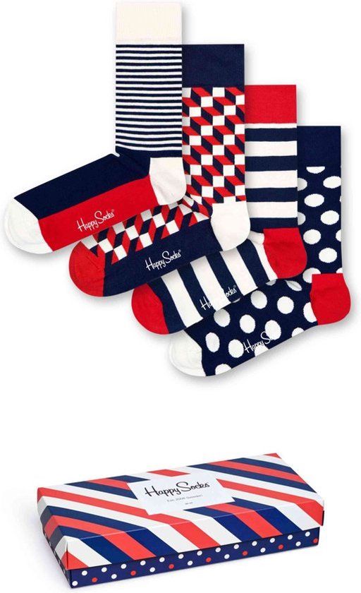 Happy Socks Stripe Giftbox - Maat 36-40 - Sokken - Unisex - 4 paar - Blauw/Wit/Rood - 36-40