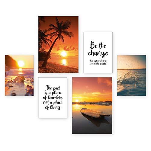 Kreative Feder Posterset | strandzonsondergang | 6 schilderijen decoratie woonkamer modern slaapkamerbeeld voor uw muur – optioneel met lijst – 2 x DIN A3 & 4 x DIN A4 – ca. 30x40 & 20x30 Zonder lijst