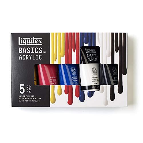 Liquitex 3699405 Basics enkelvoudig pigmenteerde acrylverf, kunstenaarspigmenten, lichtecht, medium viscositeit, goede kwaliteit, satijn finish - Set Basics 5 x 75ml